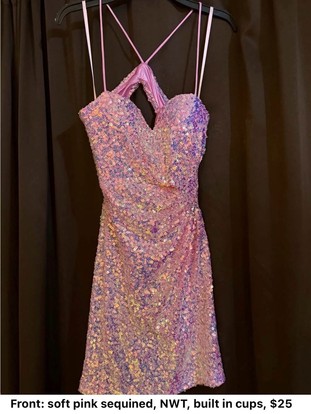 Soft Pink Sequin Mini Dress with Double Spaghetti Straps